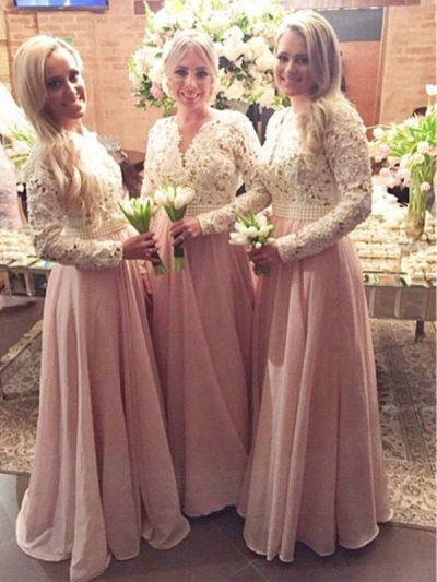 A-Line/Princess Long Sleeves V-neck Floor-Length Lace Chiffon Bridesmaid Dresses [PO16033PO581]