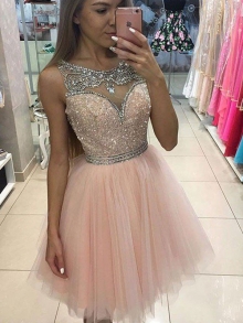 A-Line/Princess Sleeveless Scoop Beading Short/Mini Tulle Dresses