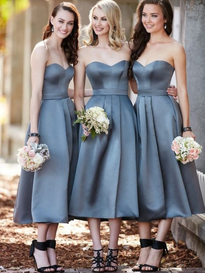 A-Line/Princess Sweetheart Sleeveless Tea-Length Satin Bridesmaid Dresses [PON1506EV787]