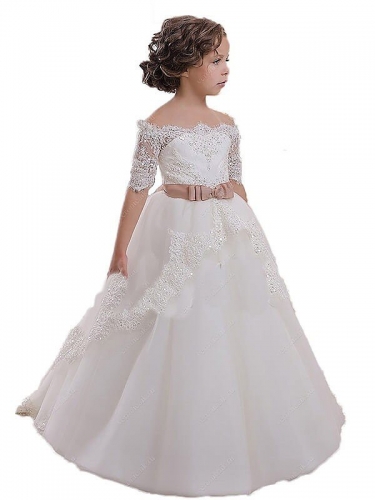 Ball Gown Off-the-Shoulder Short Sleeves Sash/Ribbon/Belt Tulle Flower Girl Dresses