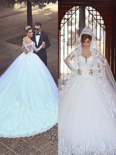 Ball Gown Tulle Long Sleeves Off-the-Shoulder Court Train Wedding Dresses [PON1506EV984]