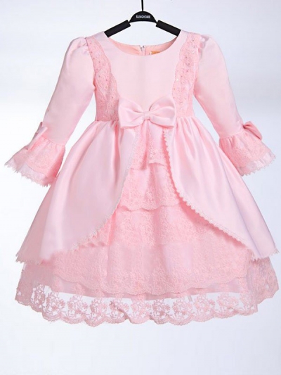 A-line/Princess Scoop 3/4 Sleeves Bowknot Long Satin Flower Girl Dresses [POWDN14077BN268]