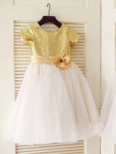 A-line/Princess Scoop Short Sleeves Sequin Long Tulle Dresses [XYCMN15B3]