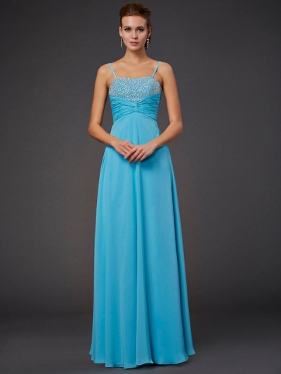 A-Line/Princess Spaghetti Straps Sleeveless Beading Long Chiffon Dresses [40076]