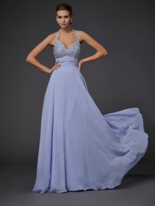 A-Line/Princess Halter Sleeveless Beading Chiffon Long Dresses