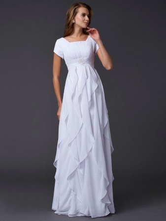 Sheath/Column Square Short Sleeves Ruffles Long Chiffon Dresses