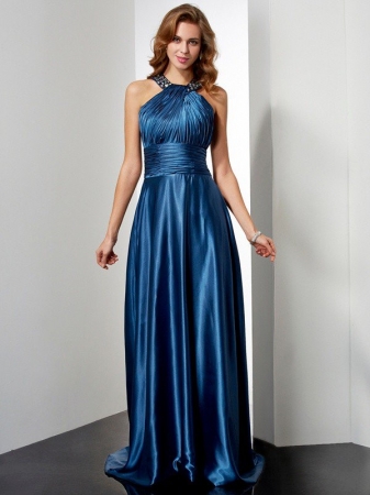 A-Line/Princess Halter Sleeveless Ruffles Long Elastic Woven Satin Dresses