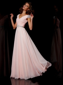 A-Line/Princess V-neck Short Sleeves Ruffles Long Chiffon Dresses