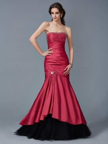 Trumpet/Mermaid Strapless Sleeveless Beading Long Taffeta Dresses