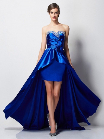 A-Line/Princess Sweetheart Sleeveless Beading High Low Elastic Woven Satin Dresses [40588]