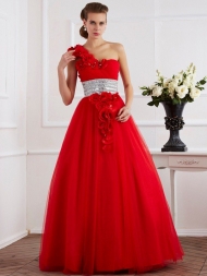 Ball Gown One-Shoulder Sleeveless Hand-Made Flower Long Net Quinceanera Dresses