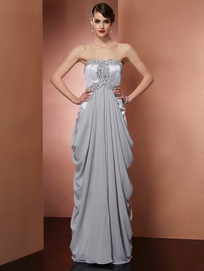 Sheath/Column Strapless Sleeveless Beading Long Chiffon Dresses [40630]