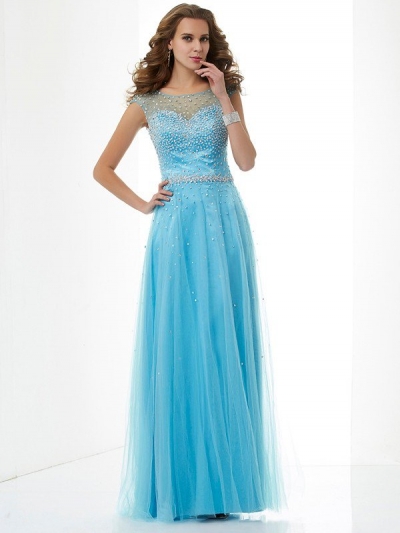 Sheath/Column High Neck Sleeveless Beading Long Net Dresses [40697]