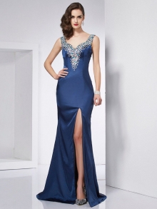 Trumpet/Mermaid Straps Sleeveless Beading Long Elastic Woven Satin Dresses