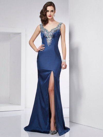 Trumpet/Mermaid Straps Sleeveless Beading Long Elastic Woven Satin Dresses [40759]