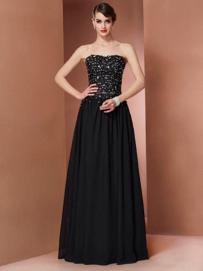 A-Line/Princess Strapless Sleeveless Beading Long Chiffon Dresses [40764]