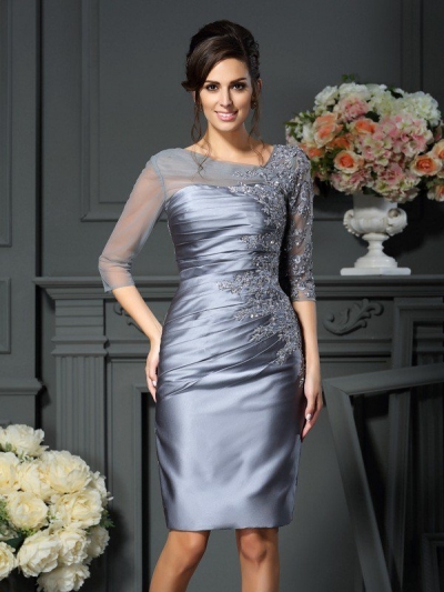 Sheath/Column Scoop Beading 1/2 Sleeves Short Satin Mother of the Bride Dresses [50041]