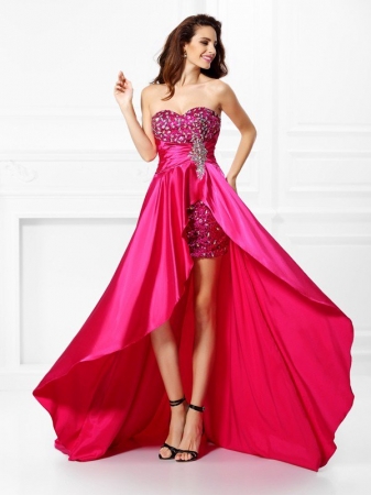 A-Line/Princess Sweetheart Beading Sleeveless High Low Elastic Woven Satin Dresses