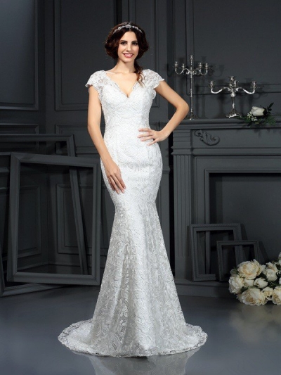 Trumpet/Mermaid V-neck Lace Sleeveless Long Lace Wedding Dresses [50158]