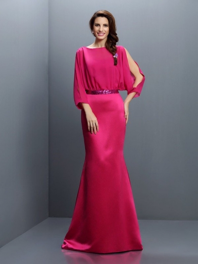 Trumpet/Mermaid Bateau Sash/Ribbon/Belt Long Sleeves Long Chiffon Bridesmaid Dresses [50486]