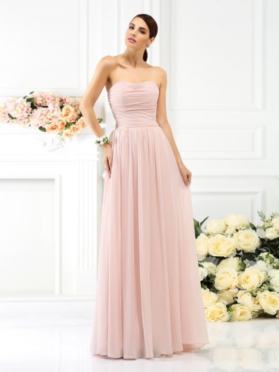 A-Line/Princess Strapless Pleats Sleeveless Long Chiffon Bridesmaid Dresses [50568]