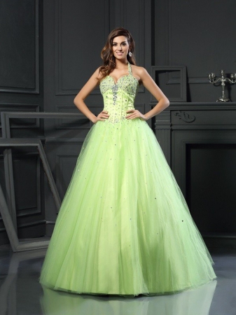 Ball Gown Halter Beading Sleeveless Long Satin Quinceanera Dresses