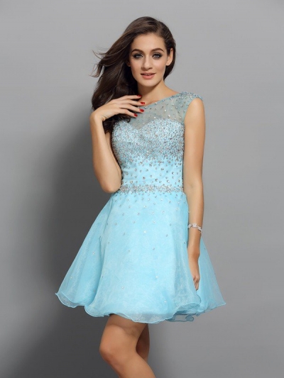 A-Line/Princess Scoop Beading Sleeveless Short Organza Cocktail Dresses [50734]