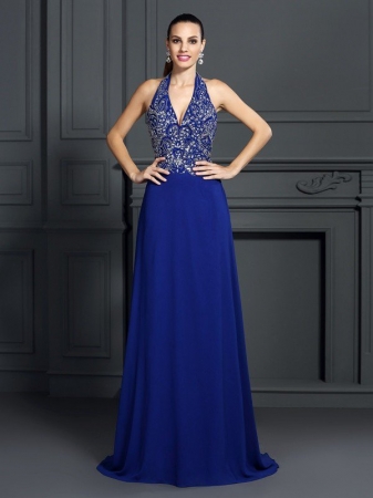 A-Line/Princess Halter Applique Sleeveless Long Chiffon Dresses