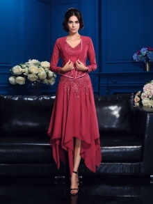 A-Line/Princess V-neck Applique Sleeveless High Low Chiffon Mother of the Bride Dresses