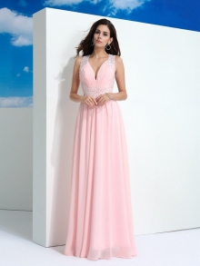 A-Line/Princess Straps Beading Sleeveless Long Chiffon Dresses