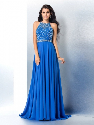 A-Line/Princess Scoop Beading Long Sleeveless Chiffon Dresses