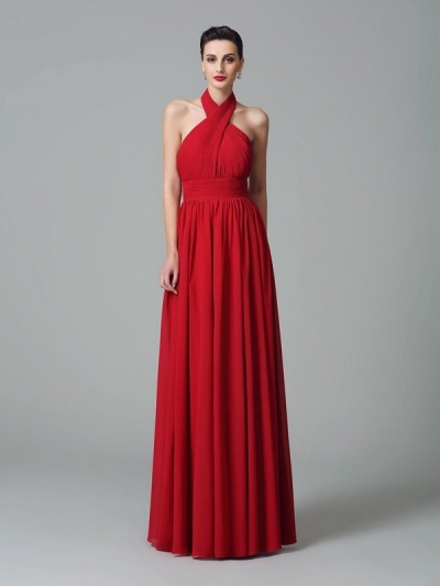 A-Line/Princess Halter Ruffles Sleeveless Long Chiffon Bridesmaid Dresses