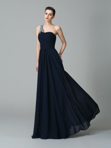 A-Line/Princess One-Shoulder Rhinestone Sleeveless Long Chiffon Dresses