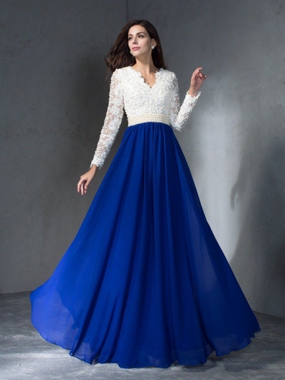 A-Line/Princess V-neck Long Sleeves Long Chiffon Dresses [60705]