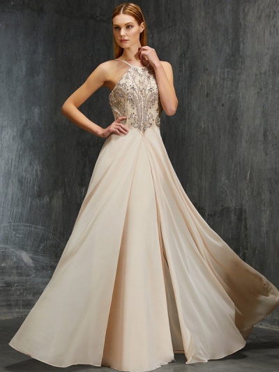 A-line/Princess Spaghetti Straps Sleeveless Beading Sweep/Brush Train Chiffon Dresses [70073]