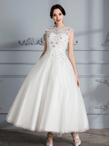 Ball Gown Scoop Sleeveless Tea-Length Tulle Wedding Dresses