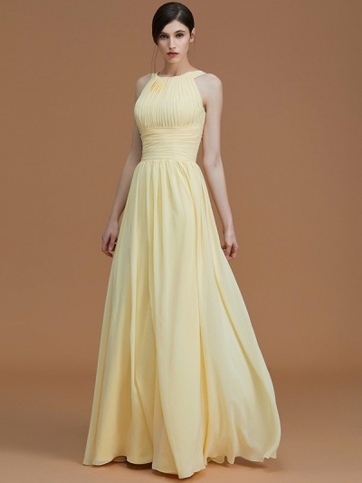 A-Line/Princess Halter Sleeveless Floor-Length Ruched Chiffon Bridesmaid Dresses [72116]