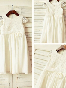 A-line/Princess Scoop Short Sleeves Lace Floor-Length Chiffon Flower Girl Dresses