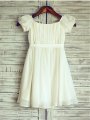 A-line/Princess Square Short Sleeves Ruched Tea-Length Chiffon Flower Girl Dresses