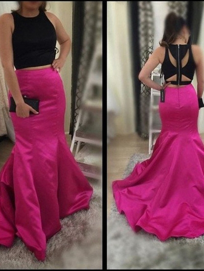 Trumpet/Mermaid Sleeveless Scoop Sweep/Brush Train Satin Two Piece Dresses [PO16033PO403]