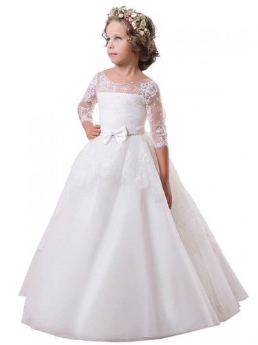 Ball Gown Jewel Long Sleeves Lace Floor-Length Satin Flower Girl Dresses