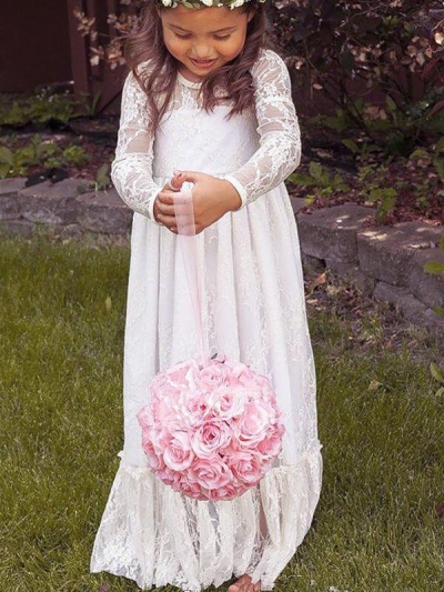 A-Line/Princess Long Sleeves Jewel Bowknot Lace Floor-Length Flower Girl Dresses [PO16033PO823]