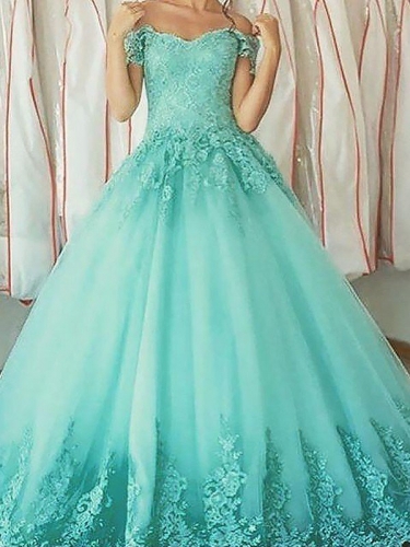 Ball Gown Sleeveless Off-the-Shoulder Applique Floor-Length Tulle Dresses