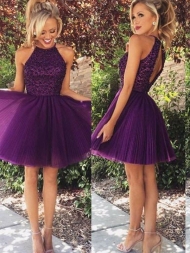 A-Line/Princess Halter Sleeveless Beading Short/Mini Tulle Dresses