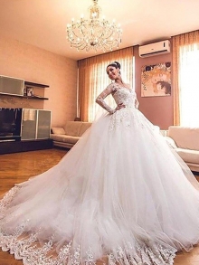 Ball Gown Long Sleeves Tulle V-neck Court Train Wedding Dresses