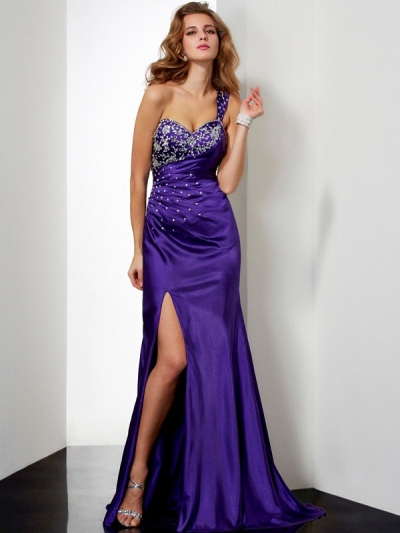 Sheath/Column Beading One-Shoulder Long Elastic Woven Satin Dresses [40098]