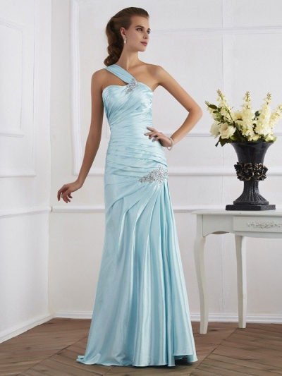 Trumpet/Mermaid One-Shoulder Sleeveless Ruched Long Elastic Woven Satin Dresses [40111]