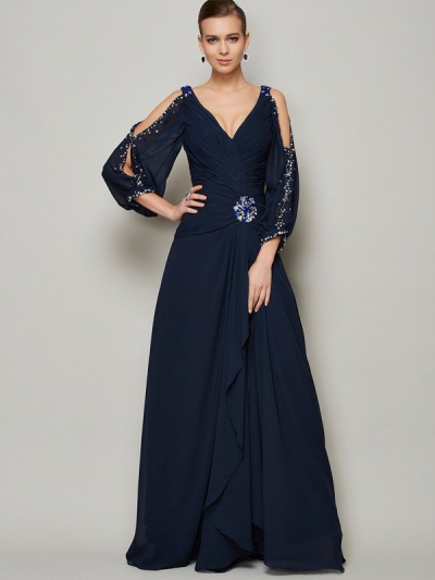 A-Line/Princess V-neck Long Sleeves Beading Long Chiffon Dresses [40200]