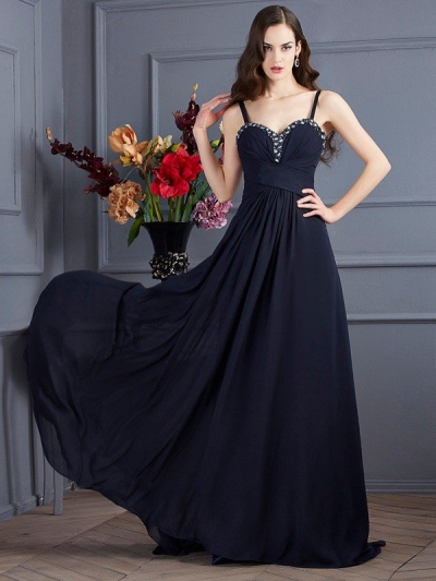 A-Line/Princess Spaghetti Straps Sleeveless Beading Long Chiffon Dresses [40286]