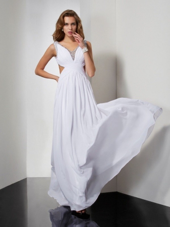 A-Line/Princess Straps Sleeveless Beading Long Chiffon Dresses